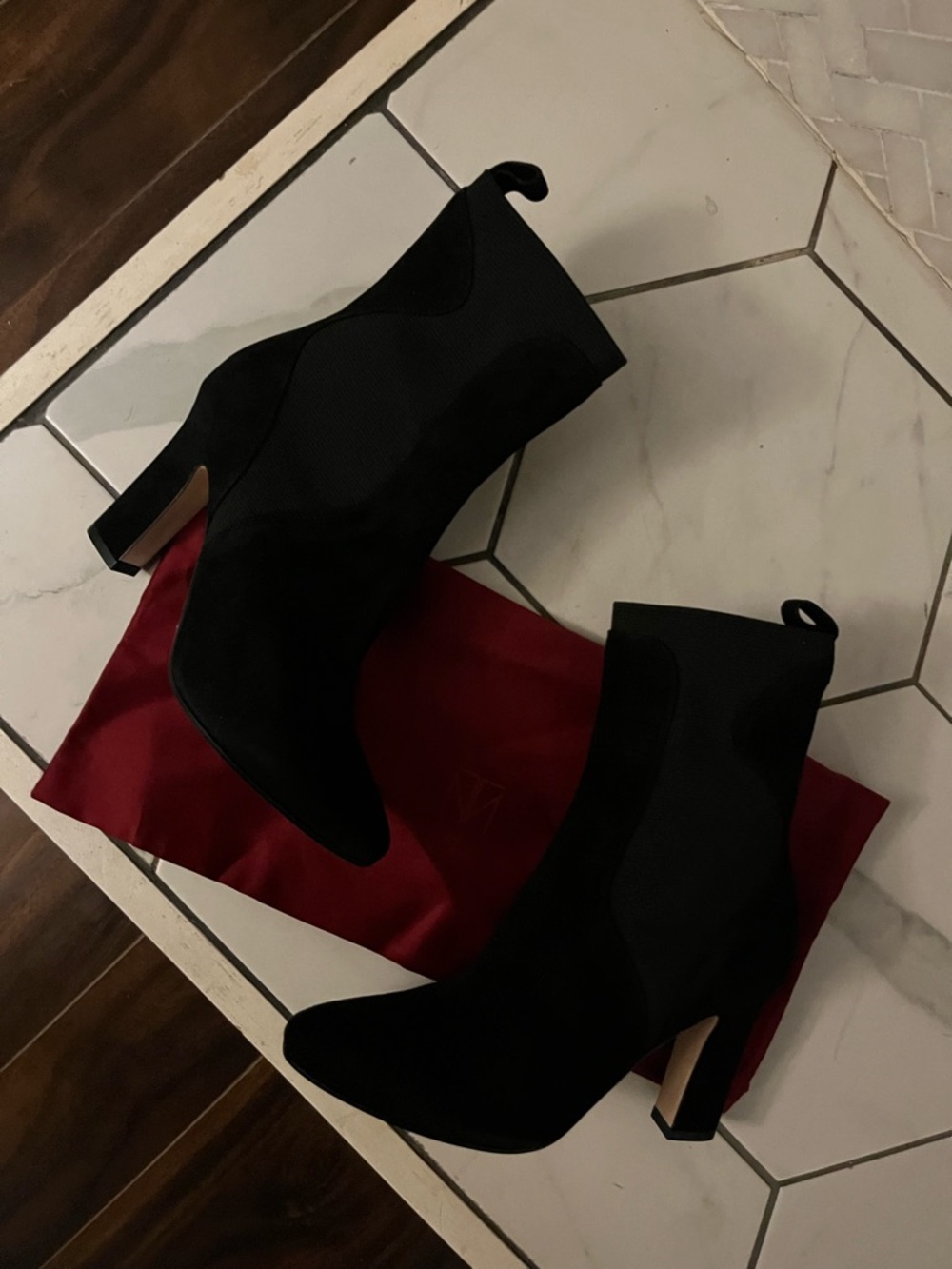 Tamara Mellon Black Suede Ankle Booties with Block Heel